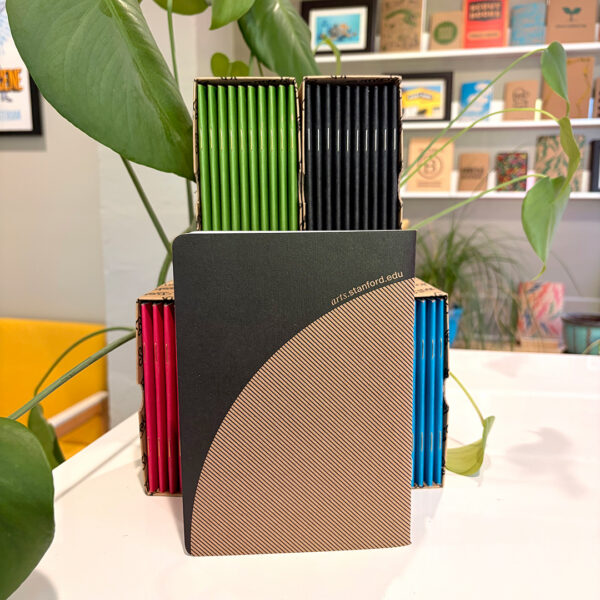 Back of Stanford Arts Scout Book in front of Colorful notebooks